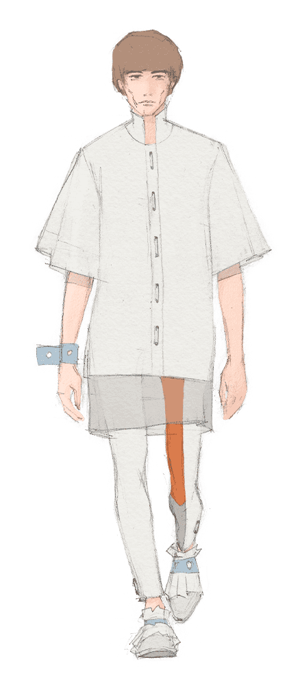 Look 03. Oversized pin-down short-sleeve shirt, oversized semi-sheer undershirt, panelled trousers and shoes with ruffles