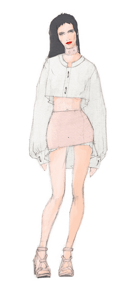 Look 02. Oversized pin-down cropped shirt, mini skirt with ruffles, wide bracelets and mid-heel sandals