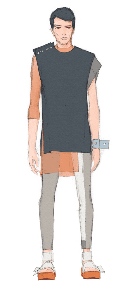 Look 06. Asymmetric pin-down tank top, asymmetric semi-sheer undershirt, panelled trousers and sandals with wide belts