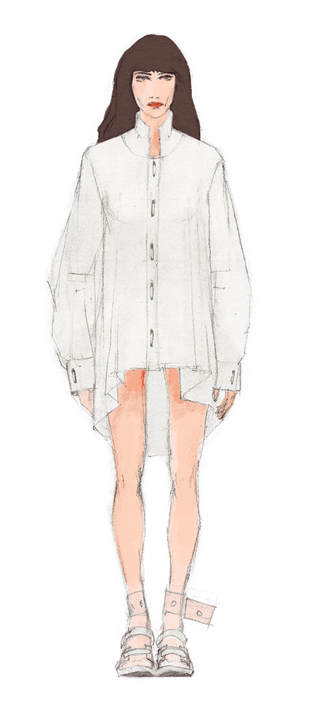 Look 01. Oversized pin-down shirt with high neck, wide leather bracelets and mid-heel leather sandals