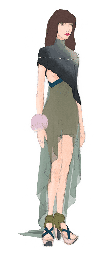 Look 40. Asymmetric top with burned edges, asymmetric semi-sheer dress, voluminous bracelet and platform sandals with patches